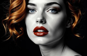 Fototapeta premium Woman with red hair and striking makeup looking directly at the camera