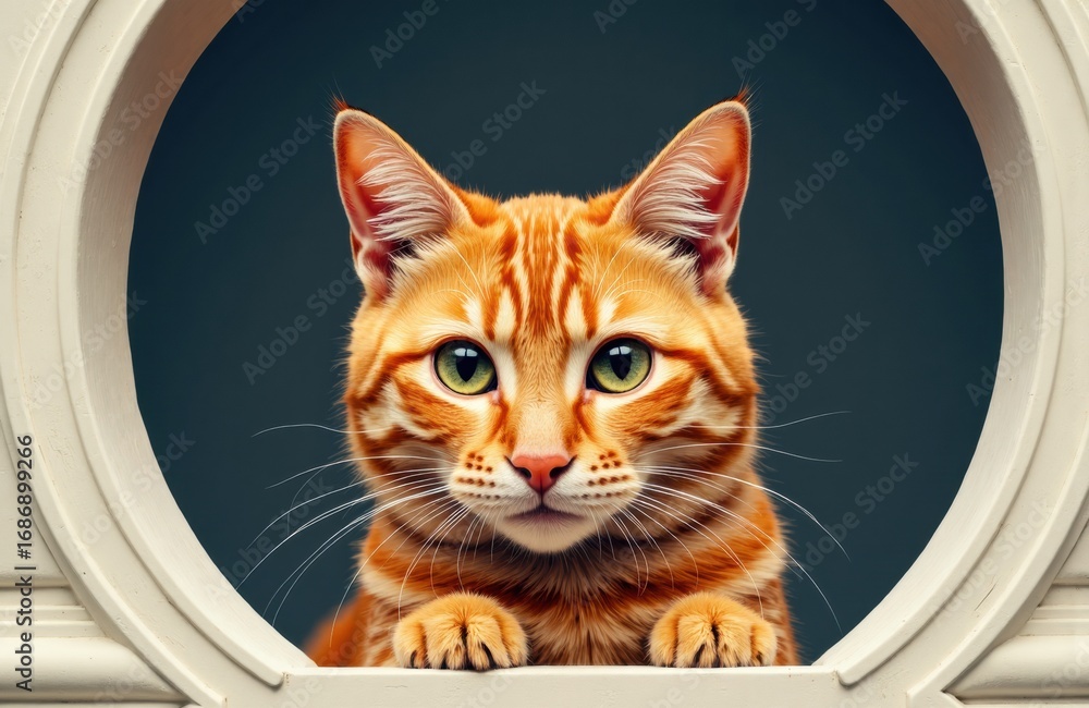 Poster a curious orange tabby cat peeks through a circular opening with a dark background