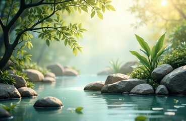 Tranquil river scene with rocks and lush greenery in soft sunlight