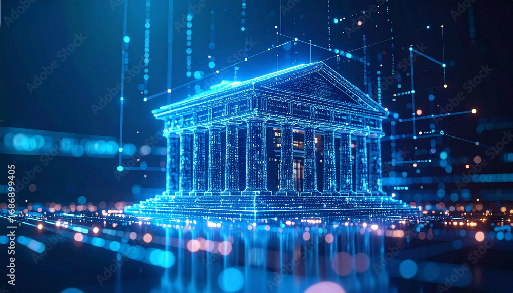 Poster a digital glowing image of a classical building symbolizing technological advancement, innovation, a
