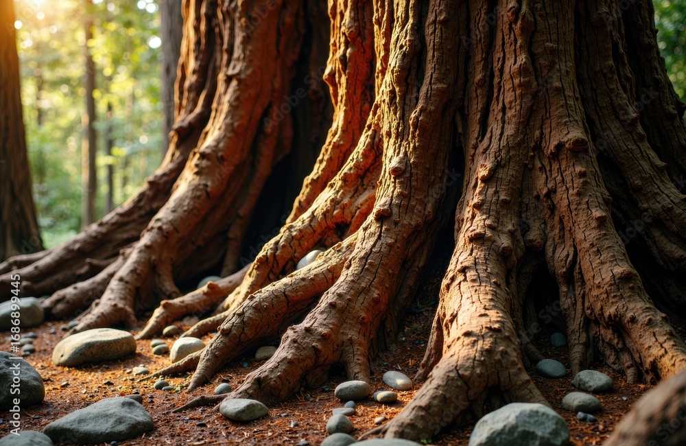 Poster ancient tree roots spreading across forest floor with rocks and soil