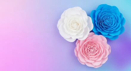 Pastel Backdrop with White, Blue, and Pink Paper Flowers Arrangement. Floral design and art.