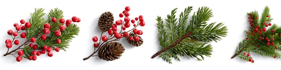 Festive christmas tree branches with red berries and pine cones festive holiday decoration elements
