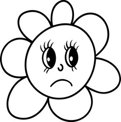 Sad Cartoon Flower Drawing, Black and White Line Art