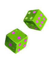 Two Green Dice with Pink Dots Rolling, Game Illustration