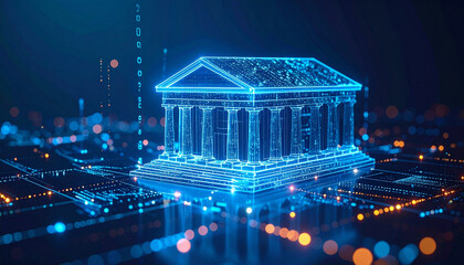 A digital representation of a classic bank building with bright blue light. Showing futuristic financial technology and innovation