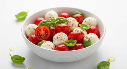 Close up of a caprese salad isolated on white background, with fresh ingredients and basil