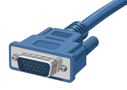 A computer cable with a blue VGA connector at the end. The connector has gold pins, two thumbscrews, and a thick blue cable. Isolated transparent background ( cut-out PNG file ).