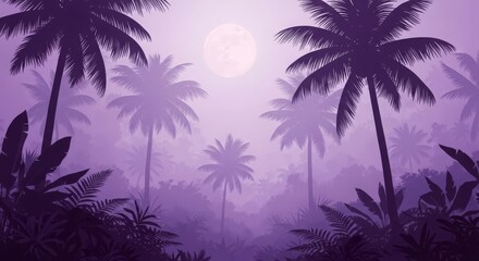 Purple Tropical Forest with Palm Trees and Full Moon Silhouette. Night illustration Landscape Background