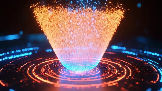 Futuristic hologram emitting energy and data stream on a platform