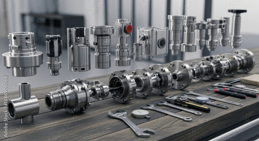 Poster manifold components laid out in exploded view on a workbench for inspection and preparation of subse
