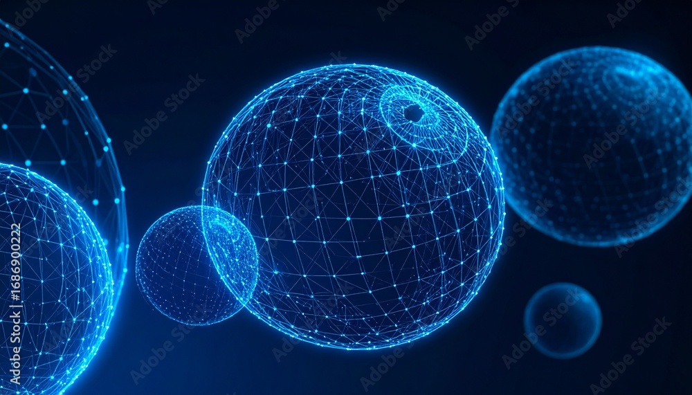 Poster a mesmerizing display of glowing spheres and interconnected networks, showcasing the essence of tech