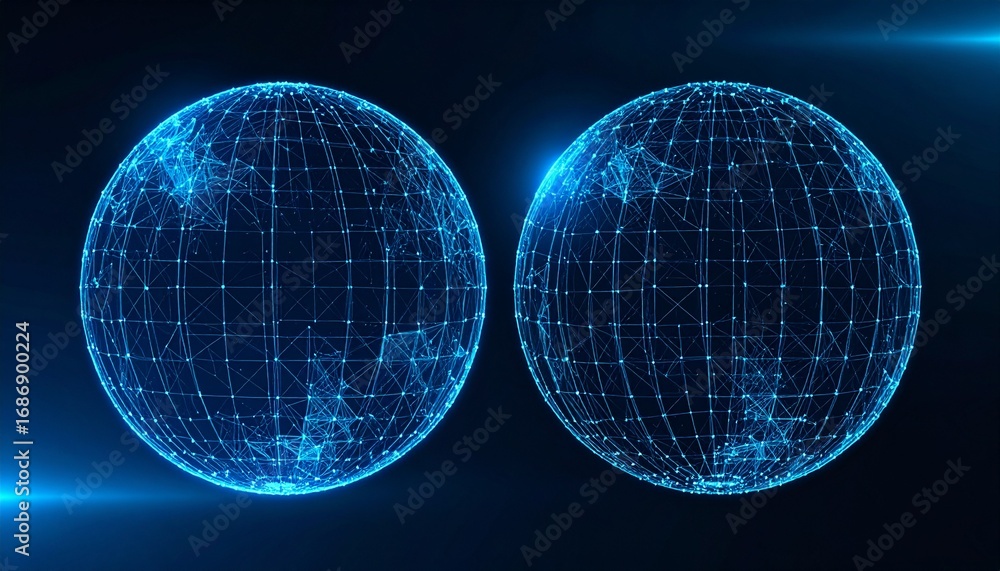 Poster Abstract digital spheres in shades of blue, representing interconnected data and networks