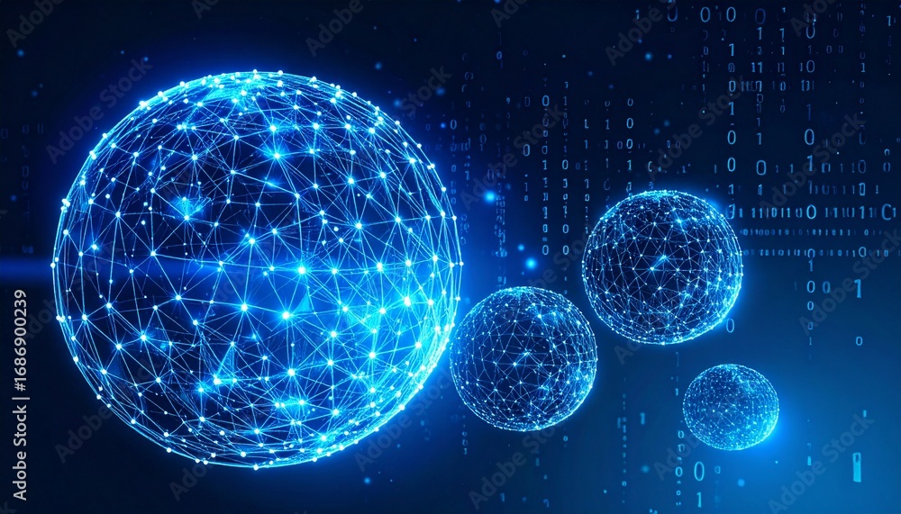 Poster digital spheres floating with glowing connected dots in a futuristic setting, highlighting digital i