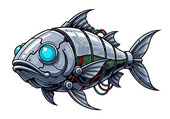 A stylized, robotic fish with a metallic body, visible circuit boards, and wires.Isolated transparent background ( cut-out PNG file ).