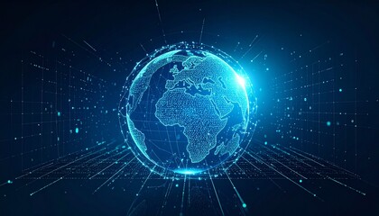 Obraz premium A stunning digital rendering of the globe, showcasing a network of interconnected data and technological advancements. The globe glows with an aura of innovation and progress. 