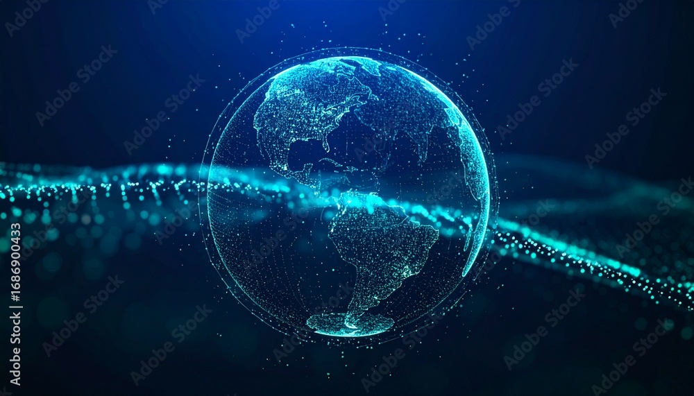 Poster a stunning depiction of a digital world, showcasing a vibrant globe in a sea of data and innovation.