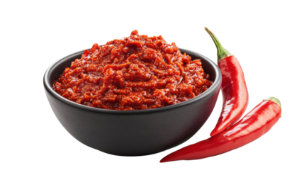 Red chili paste in bowl with peppers isolated on a transparent background