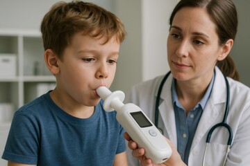 Female doctor examining a childs asthma condition with a peak flow meter in a clinic setting, focusing on respiratory health and diagnosis