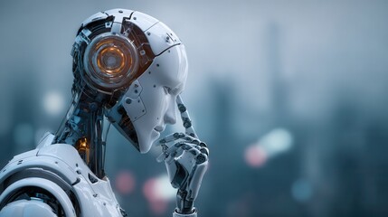 Fototapeta premium humanoid robot thoughtful pose city background