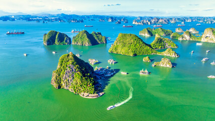 Aerial view of landscape Halong Bay, Vietnam view from adove. This is the UNESCO World Heritage Site, a beautiful natural wonder in northern Vietnam