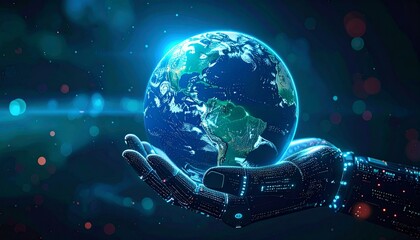 Fototapeta premium A futuristic image of the Earth being held in a robotic hand. The image showcases the intersection of technology and environmental awareness