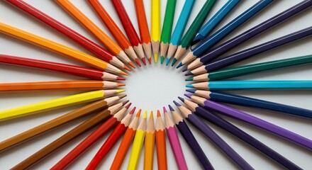 Obraz premium A circle of colored pencils pointing inward on a white background
