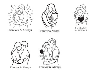 Valentine’s Day Couple Hug and Kiss Line Drawing Vector Pack