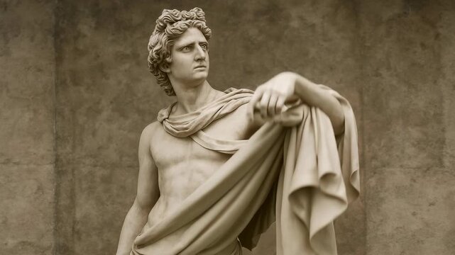 Classical statue of a male figure in a heroic pose, captured from a low angle. Ideal for historical or artistic video content. Live desktop wallpaper.