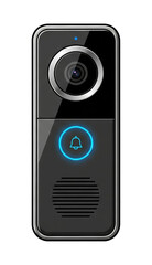 A smart doorbell with a glossy black face, a camera at the top, and a glowing, blue-lit ring with a bell icon around the button. Isolated transparent background ( cut-out PNG file ).