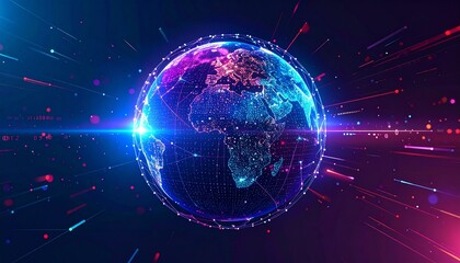A digital representation of Earth in a futuristic and technological manner. The image has a glowing blue and purple atmosphere that highlights the globe's network connections