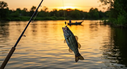 A fish hangs from a fishing rod caught against a backdrop of a river at sunset with a boat visible in the distance
