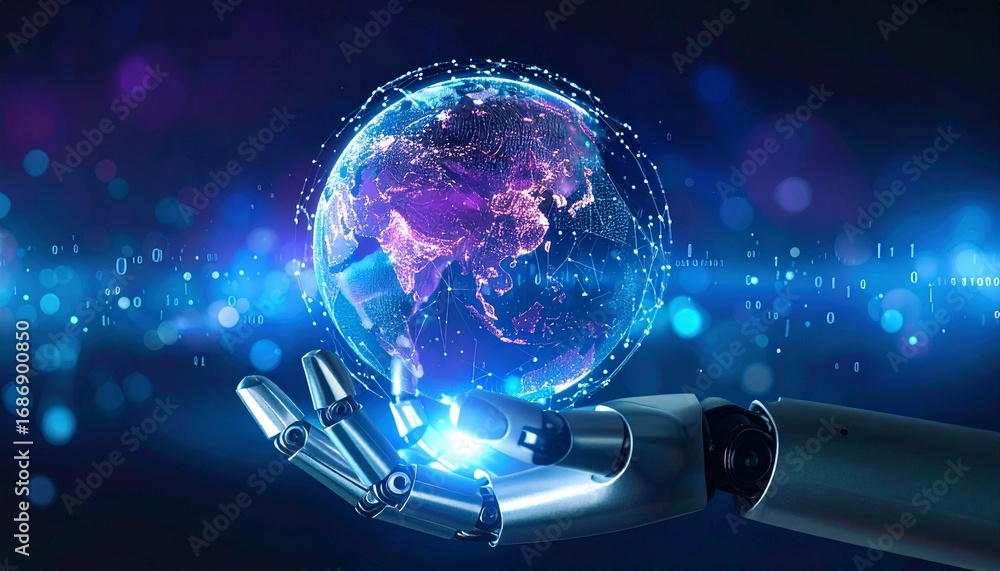Poster an artistic rendering of a robotic hand cradling a glowing globe, symbolizing technology and global 