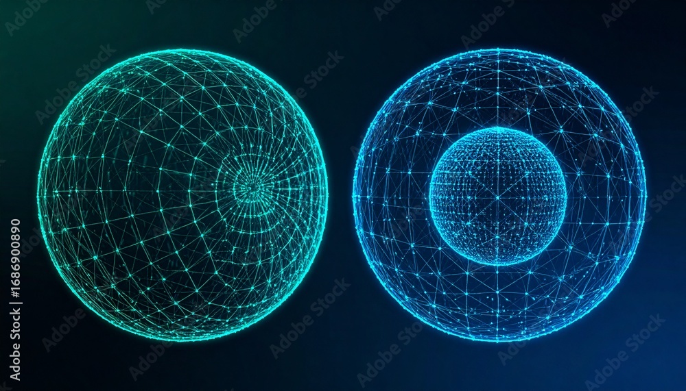 Poster intricate geometric spheres with glowing dots against a dark background. a striking image of interco