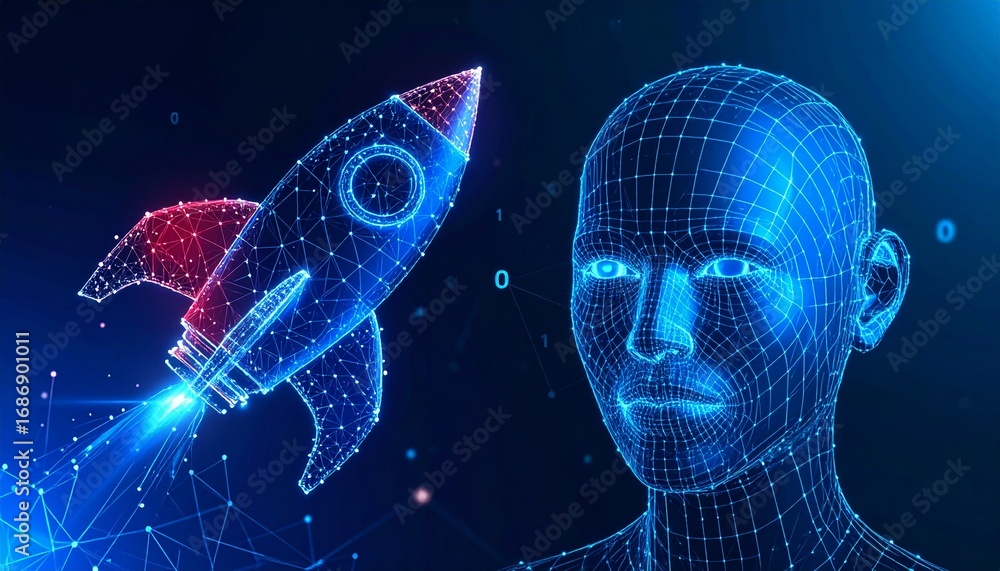 Poster digital concept of a rocket launch with a face symbolizing ai