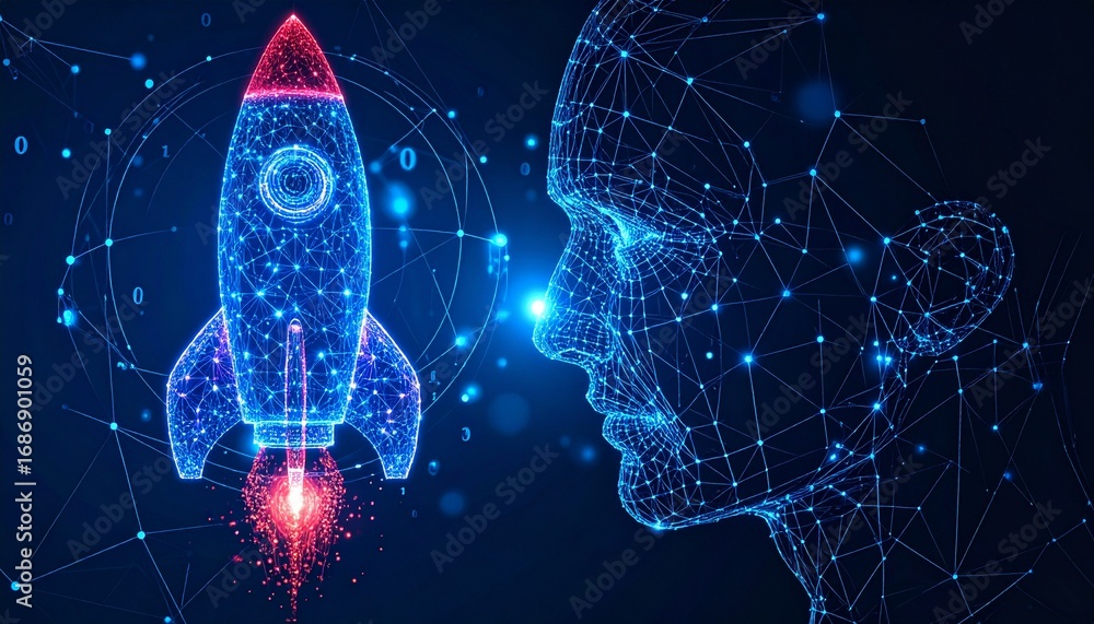 Poster a rocket launch and a futuristic ai face, symbolizing innovation and technological progress. the ima