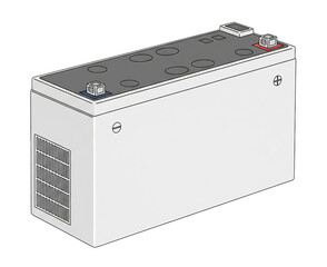 A heavy-duty rectangular white battery with a black top.Isolated transparent background ( cut-out PNG file ).