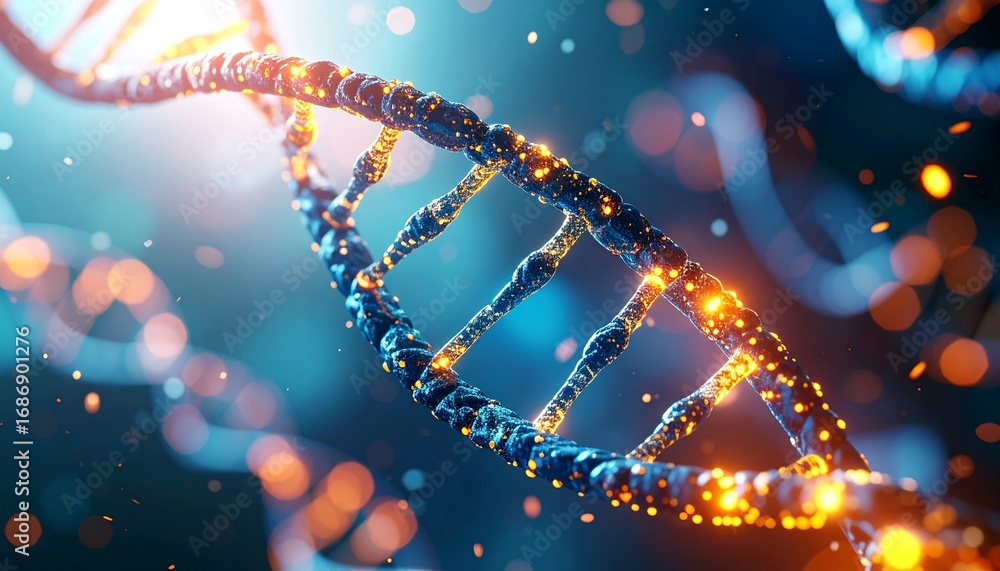 Aufkleber a close-up view of a double helix dna strand, illuminated and with a bokeh background. this image re