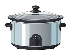 A polished silver slow cooker with a glass lid and black plastic handles. Isolated transparent background ( cut-out PNG file ).