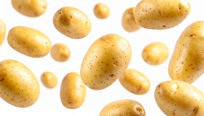 Obraz premium A collection of fresh potatoes floating in the air. These golden potatoes are captured in a studio, emphasizing their smooth textures and inviting appearance
