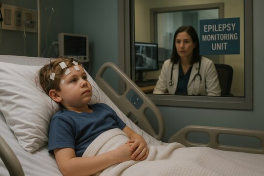 Young boy with electrodes attached to his head resting in a hospital bed while a female doctor observes him from a monitoring room