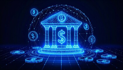 Digital representation of a bank building surrounded by digital currency