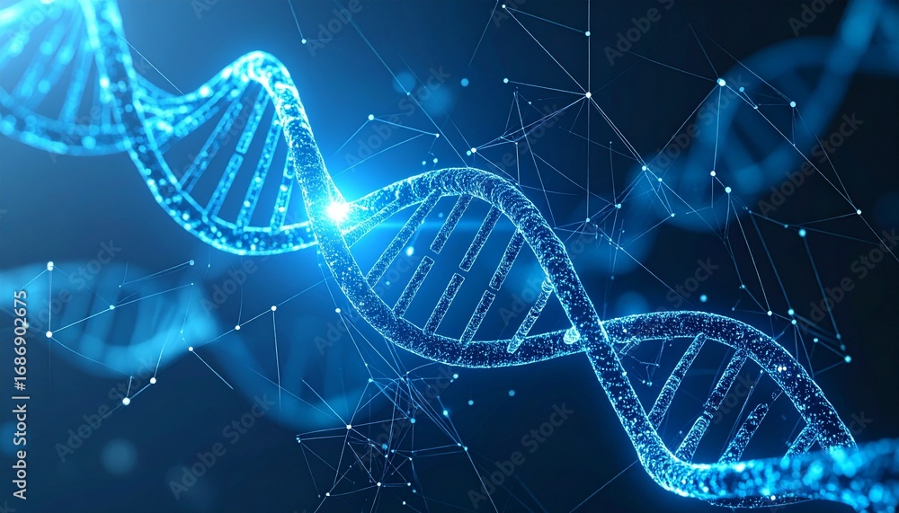 Poster dna structure in blue and interconnected network, representing the complexity of life and scientific