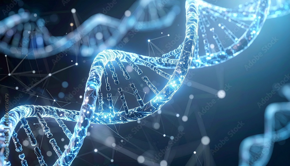 Poster an artistic representation of dna in a vibrant display. the intricate helix structure glows, showcas