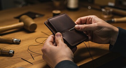 Hands sewing a brown leather wallet on a wooden workbench with tools