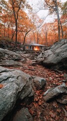 Witch's cabin sits surrounded by vibrant fall foliage in a serene woodland setting