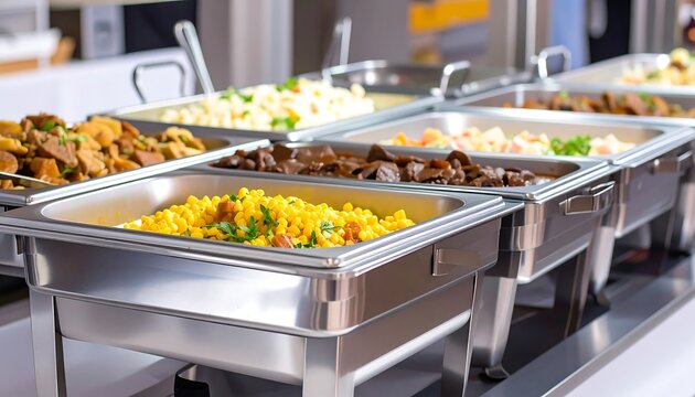 Buffet with various dishes in stainless steel chafing dishes