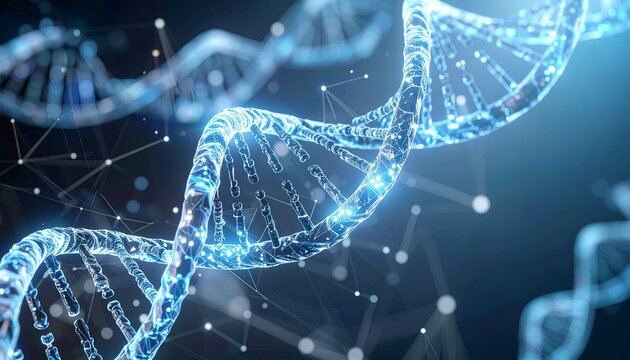 An artistic representation of DNA in a vibrant display. The intricate helix structure glows, showcasing scientific detail and modernity