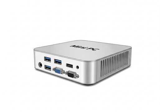 A detailed rendering of a compact mini PC, with multiple ports for various connections and a "Mini PC" label on top. Isolated white background. Ready for home or office use.