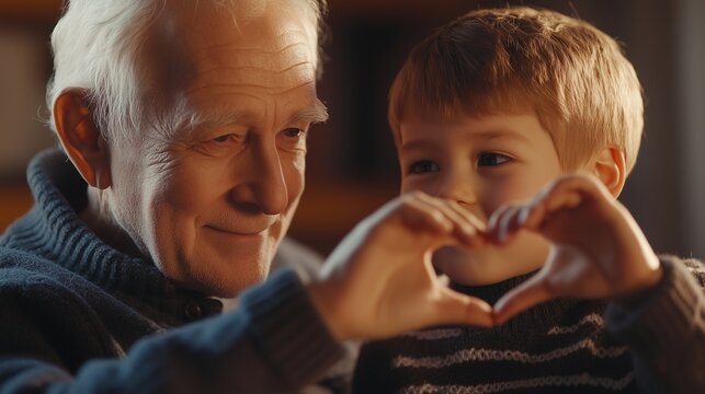 An older man and young boy making heart shape. Realistic grandfather heart video of boy in caucasian shape. A young woman and her guardians bond as they nurture their lifestyle relationships.